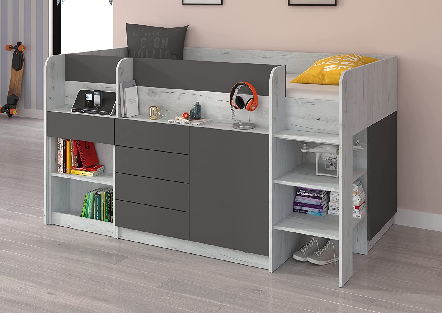 LETTO MOBILE CASS. CON SCRITTOIO SMILE P 204x 112x112cm LATO DESTRO BIANCO GRAFITE GREZZO