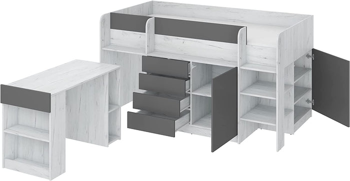 LETTO MOBILE CASS. CON SCRITTOIO SMILE P 204x 112x112cm LATO DESTRO BIANCO GRAFITE GREZZO