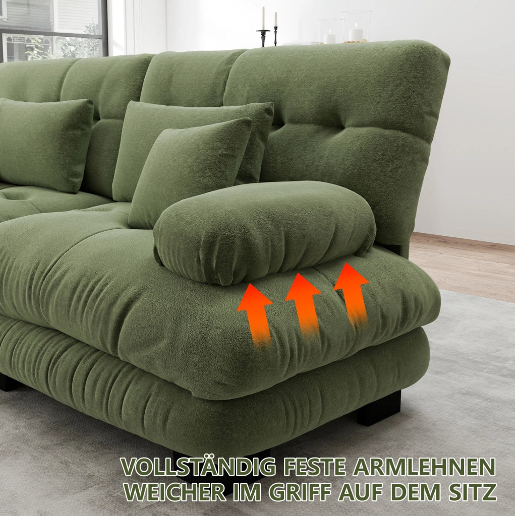 Divano angolare Cloud in chenille verde con 2 cuscini lombari, 2 cuscini decorativi e 2 pouf abbinati