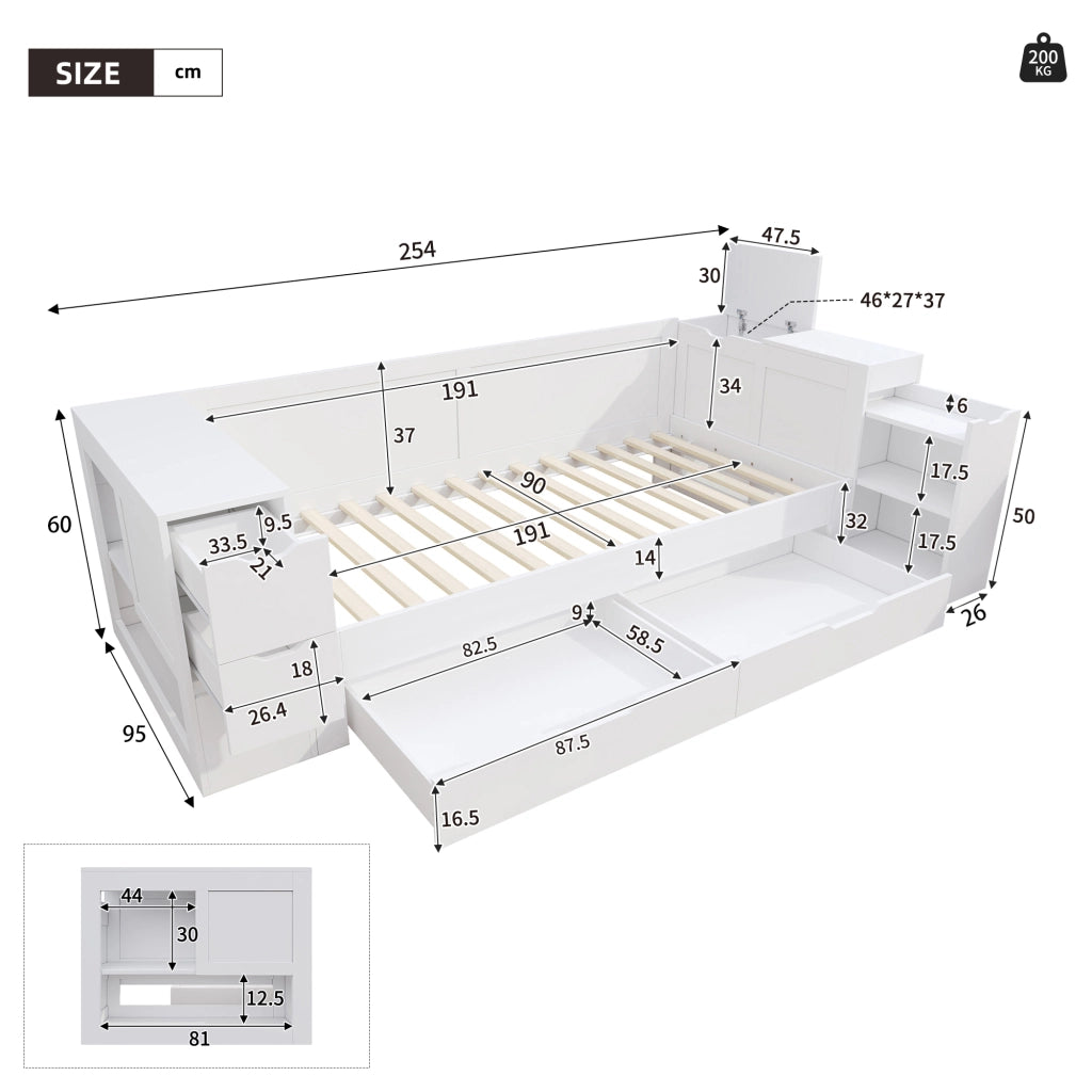 Letto Singolo 90x190 cm; 1 Posto - con Cassetti e Vano Laterale - in MDF - Bianco