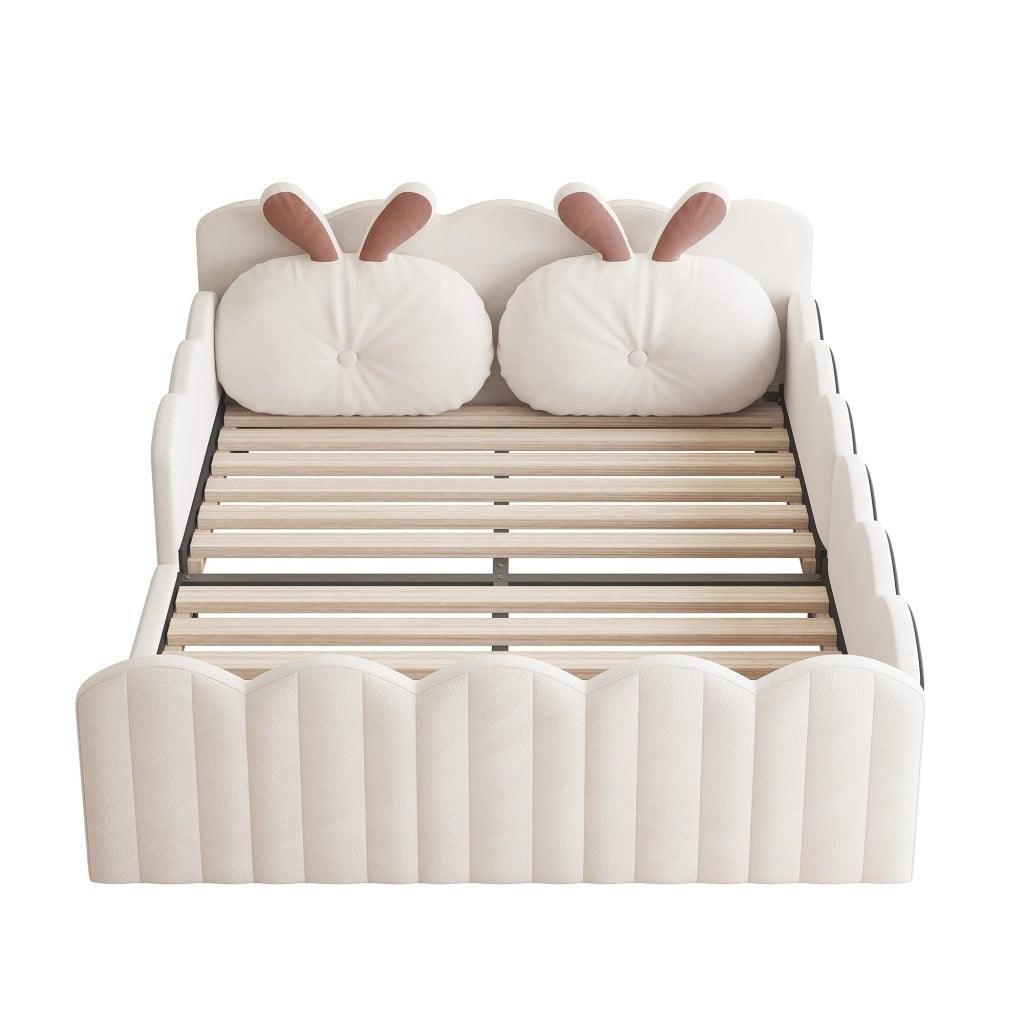 Letto imbottito 140 × 200 cm con sponde di protezione e cuscino a orecchie di coniglio beige