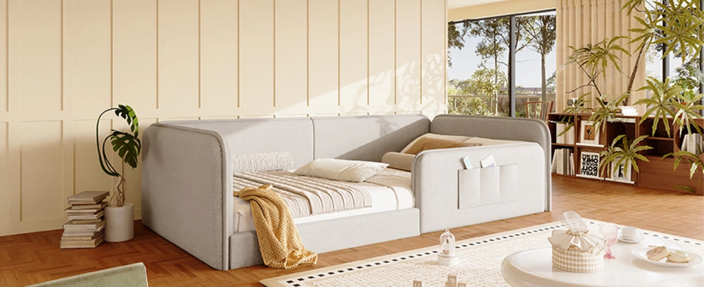 Letto a piattaforma 90x200 cm con rivestimento in lino beige e bordo imbottito di sicurezza
