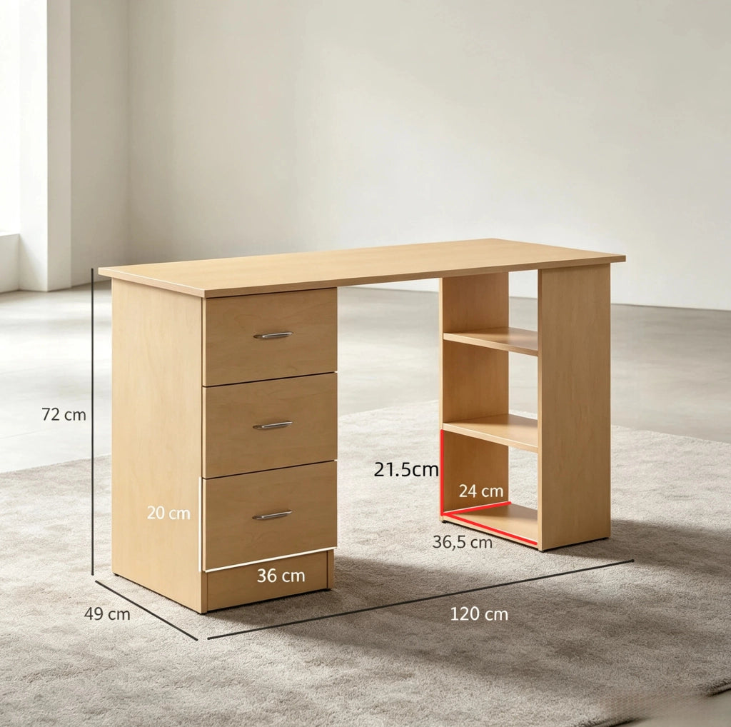 Scrivania per computer in MDF effetto legno con 3 cassetti