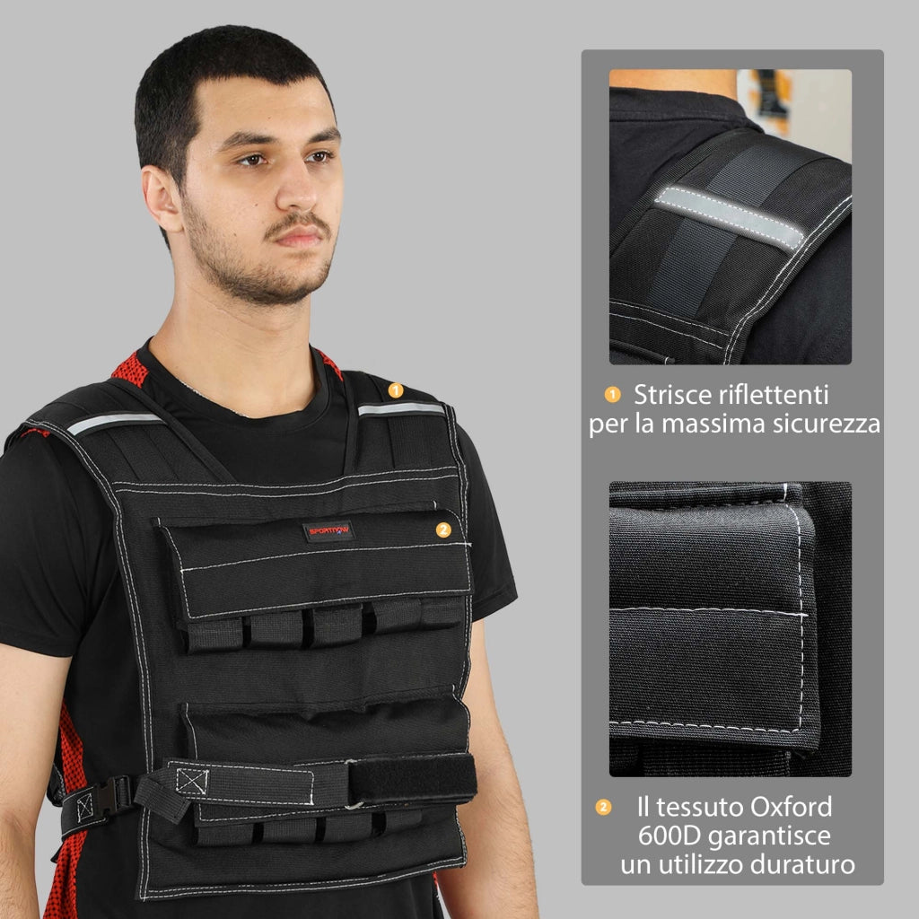 Gilet Zavorrato da 20kg Regolabile 50x40 cm con Strisce Catarifrangenti Nero