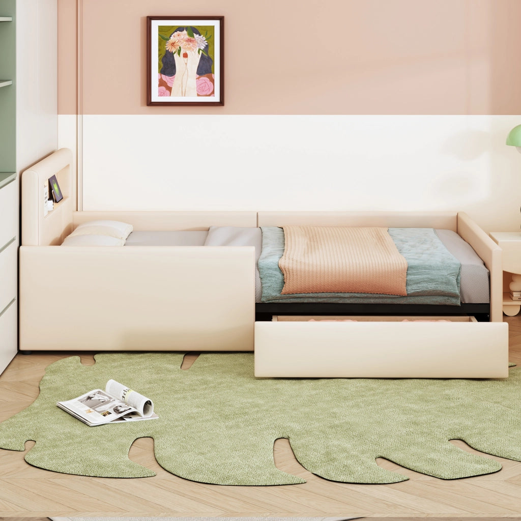 OKWISH Letto Bambino 90×200 cm, Letto Singolo con USB, Luce Notturna e Cassetto Contenitore, senza Materasso, in Ecopelle, Beige