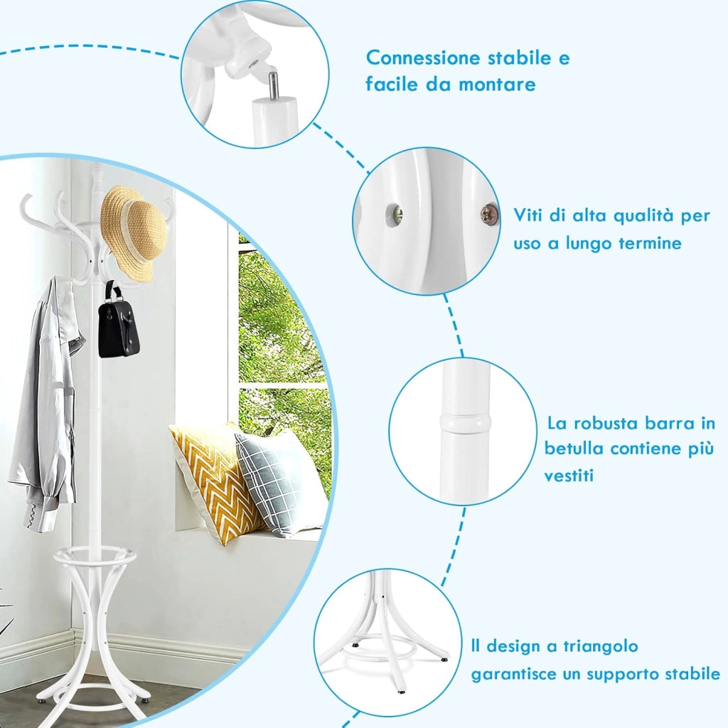 Attaccapanni da Terra Appendiabiti a piedi con 12 ganci in legno ecologico, 51 x 51 x 184 cm (Bianco)