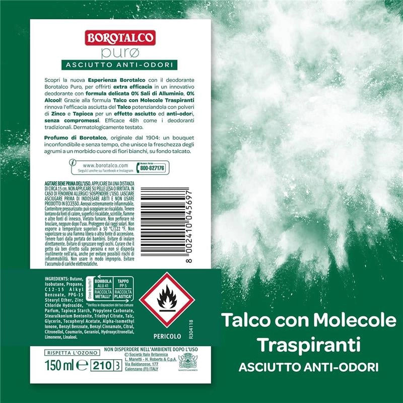 BOROTALCO DEO SPRAY 150 ML NEW PURO 0 SALI 0 ALCOOL PROFUMO DI BOROTALCO