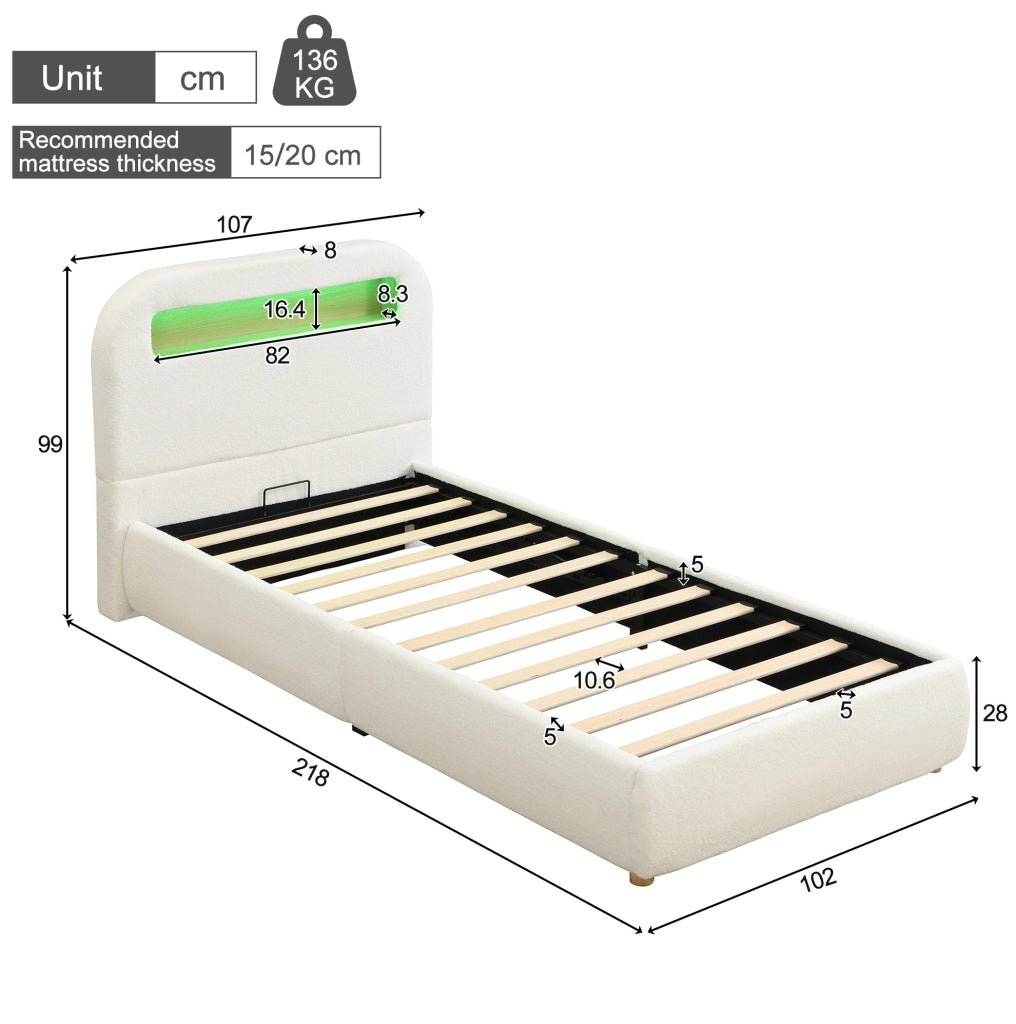 Letto singolo per bambini 90x200 cm con contenitore idraulico; LED; bouclé bianco