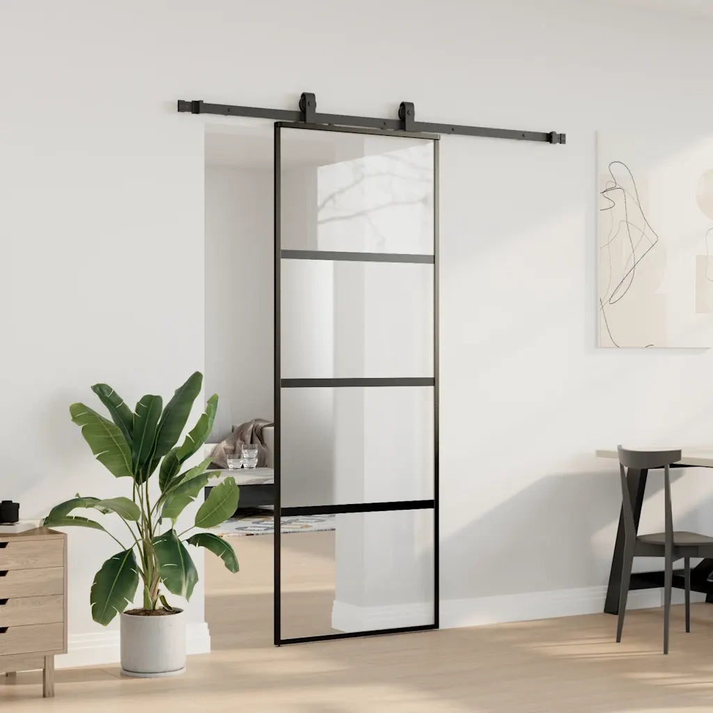 Porta Scorrevole Set Ferramenta Nera 76x205 cm Vetro Temperato 3375829