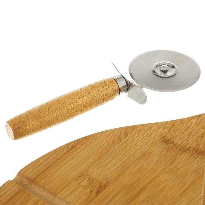 Tagliere Vassoio Pizza in Legno di Bambu con Guide + Rotella Tagliapizza 38x32cm