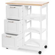 Carrello da cucina in legno di gommaBuffet-Armadio da cucina Carrellino con vassoio 2 mensole e 3 cassetti, Bianco
