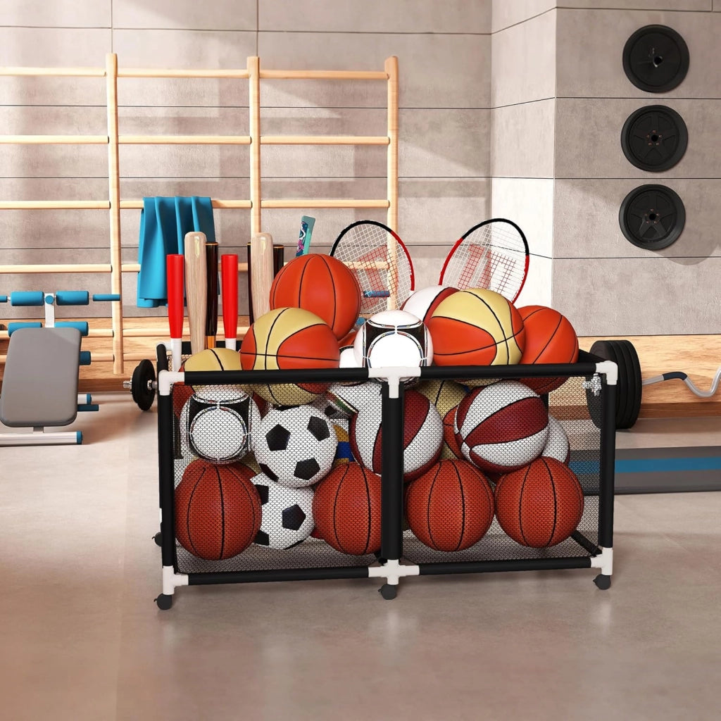 Carrello per palloni, 160 x 79 x 88 cm, con 4 rotoli, in rete di nylon per calcio, basket, pallavolo