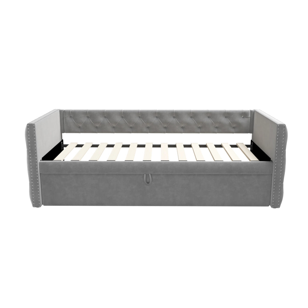 Letto estraibile singolo 90×200 cm e 90×190 cm con rete; senza materasso; velluto grigio chiaro