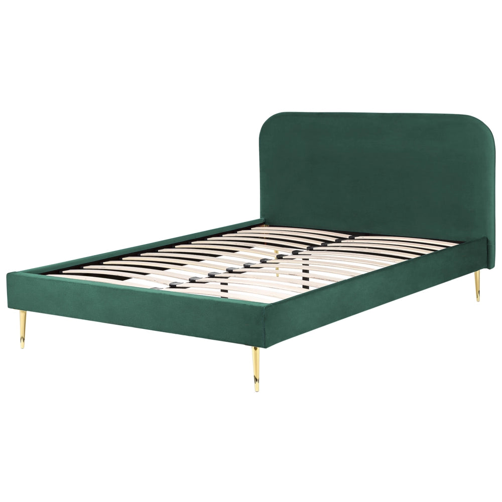 Letto verde smeraldo velluto tappezzeria doppia dimensione gambe dorate testiera con rete a doghe 140 x 200 cm design minimalista