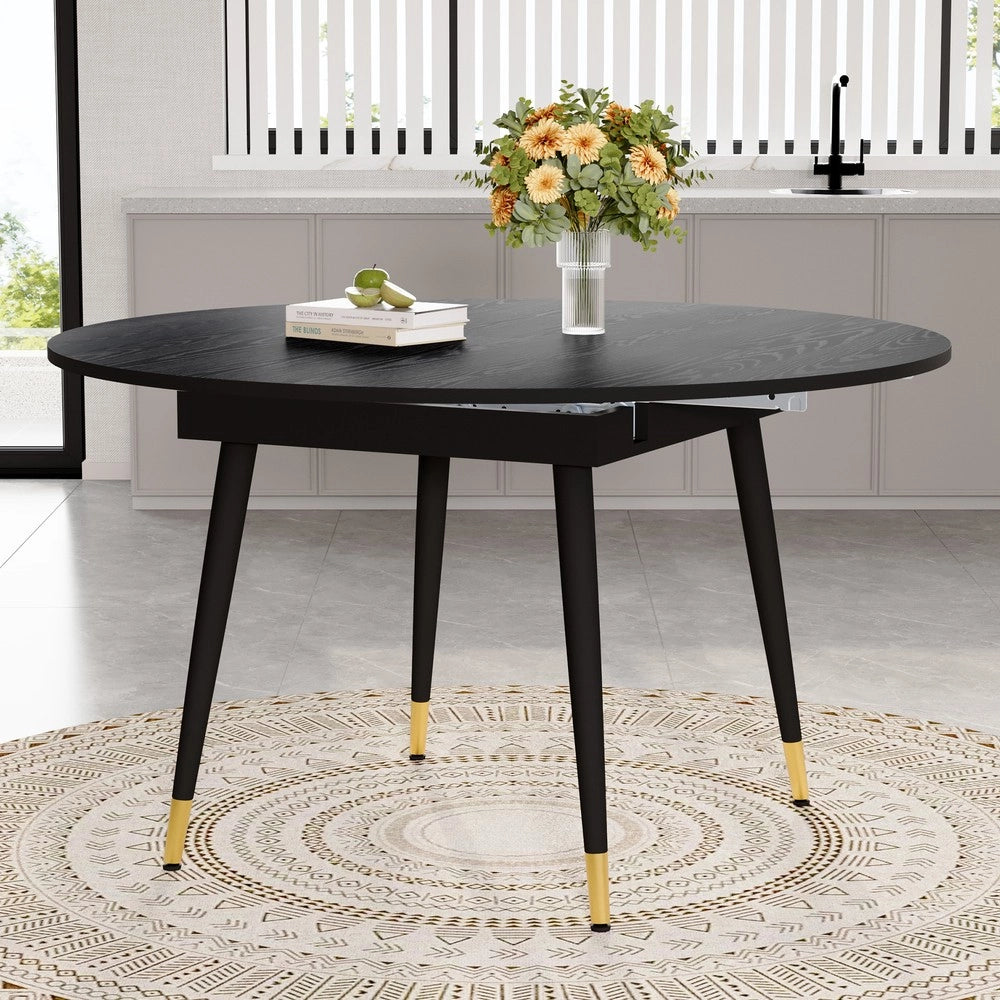 Tavolo da Pranzo Allungabile Rotondo/Ovale ¨C MINIMAL ¨C Piano MDF Nero/Noce, Gambe Metallo