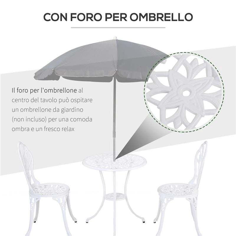 SET DA GIARDINO 3 PEZZI IN ALLUMINIO CON 2 SEDIE 42.5X47.5X89 CM E TAVOLINO ROTONDO Ø60X67 CM, BIANCO