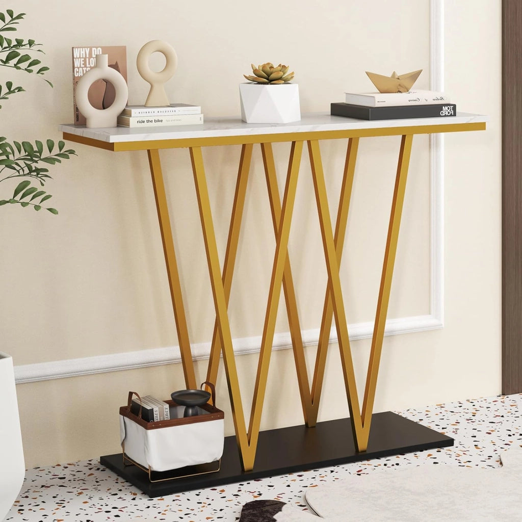 Tavolo Consolle, Tavolo da Ingresso Moderno con Piano in Marmo Finto e Struttura in Metallo e Base per Ripostiglio, Tavolino Stretto e Multiuso per Soggiorno, Ingresso e Corridoio