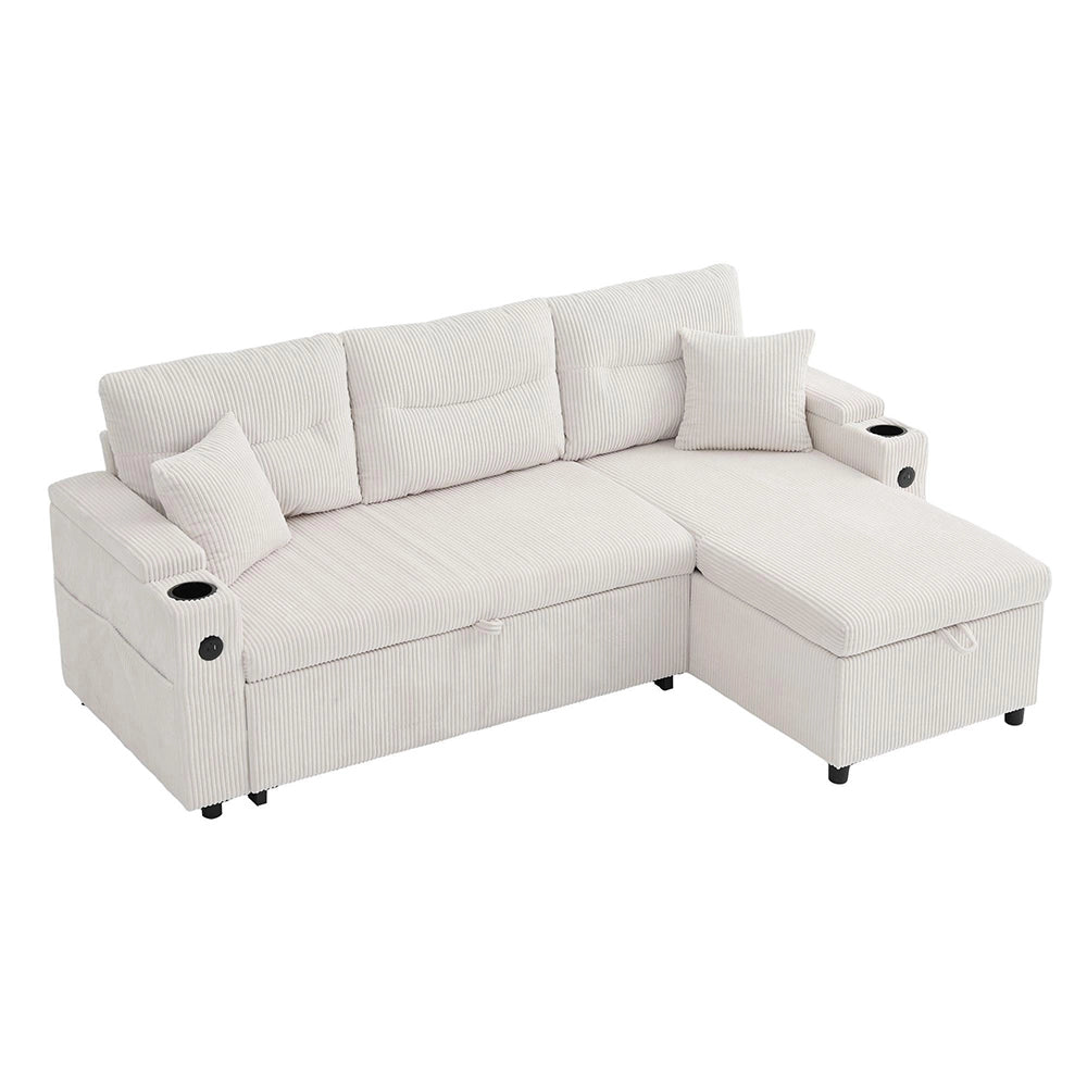 Divano moderno 3 posti - Xylo - Velluto costato, spazio di archiviazione, porta bevande, USB-C, chaise longue idraulica, letto a cassetto