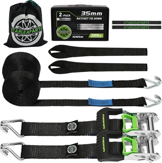 Set di 2 Cinturoni di Sostegno con Rastrello - 6m x 35mm - Sostenibile fino a 2000 kg per Autotrasporto e Sicurezza di Ruota