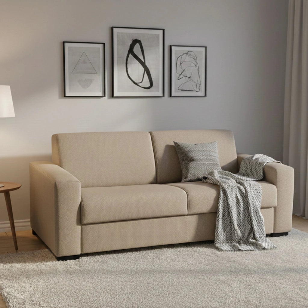 Divano Letto Asimi, Divano a 2 posti, Made in Italy, SofÒ  Soggiorno con apertura girevole, in tessuto imbottito, con Braccioli standard, cm 180x95h90, Beige