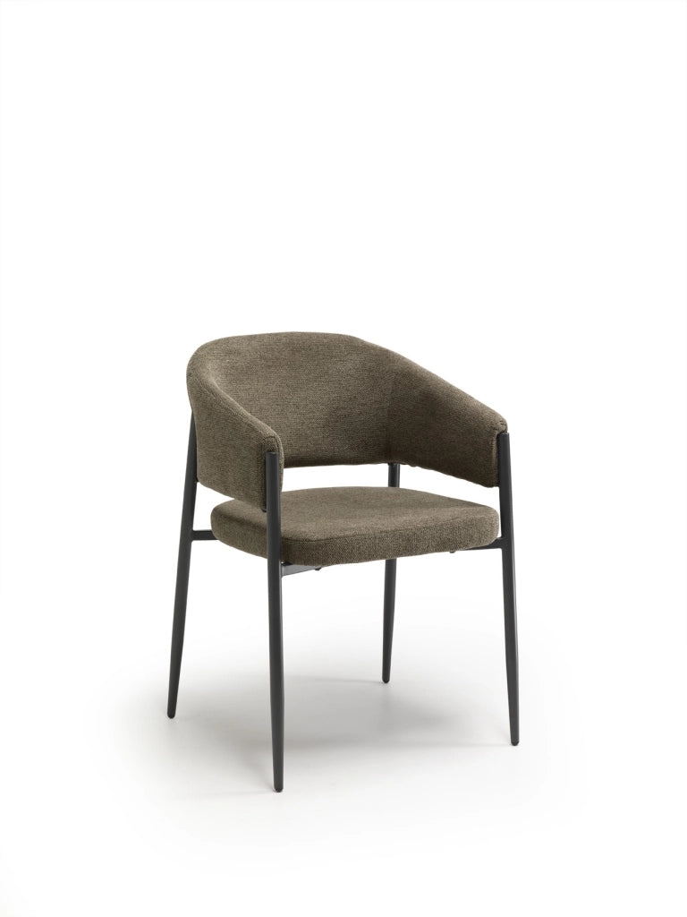 Sedia da interni Maya con braccioli, struttura in metallo antracite e seduta in tessuto Easy-Clean marrone chiaro - Design Elegante