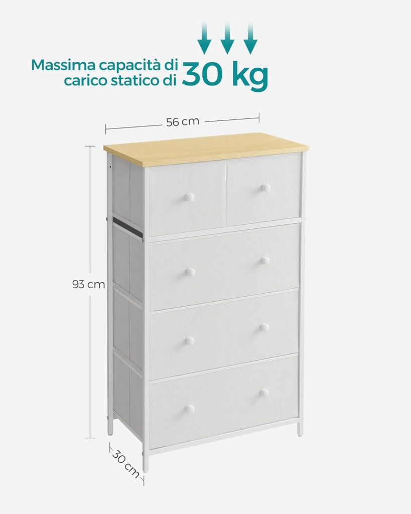 SONGMICS Cassettiera, Mobiletto con 5 Cassetti in Tessuto, Piano e Fronte in Truciolato, Credenza, Camera da Letto Soggiorno Ingresso Cameretta, Bianco e Rovere LTS514W57