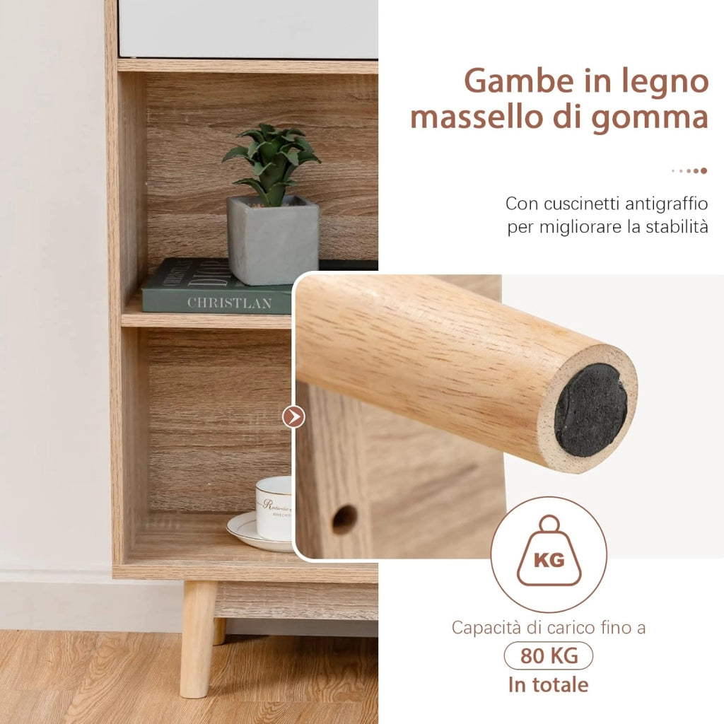 Libreria di Legno a 4 Livelli, Libreria con 2 Ante, 4 Mensole Aperte, Gambe in Legno di Gomma, Cuscinetti Antigraffio e Dispositivo Antiribaltamento, 80 x 24 x 119,5 cm (Bianco)