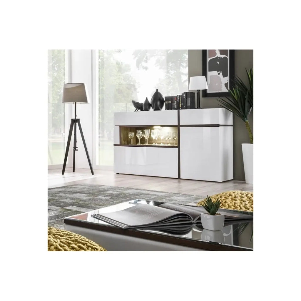 Buffet 2 porte 2 cassetti CRISS con LED – Bianco lucido e legno – Design moderno