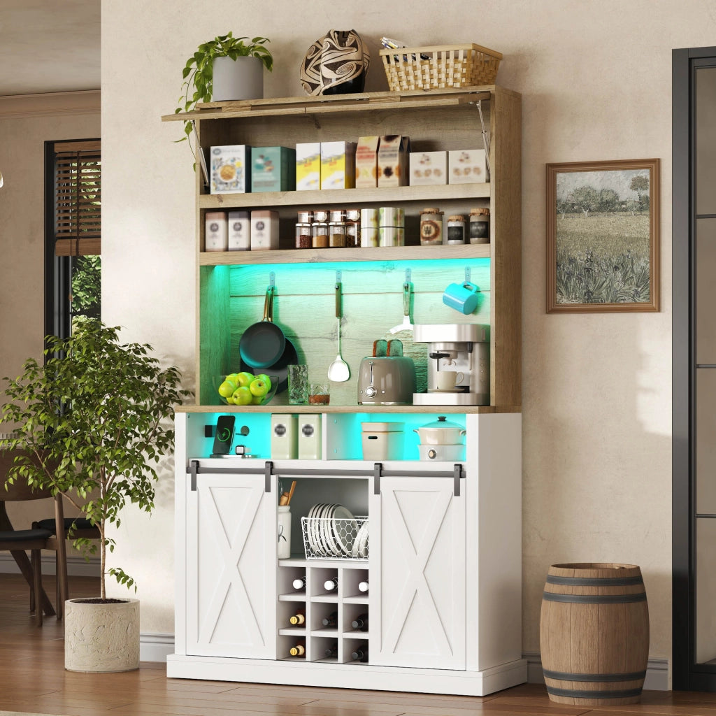 Credenza da cucina con LED; ripiani aperti; ante scorrevoli e ganci; per cucina e sala da pranzo; 40 × 110 × 191 cm