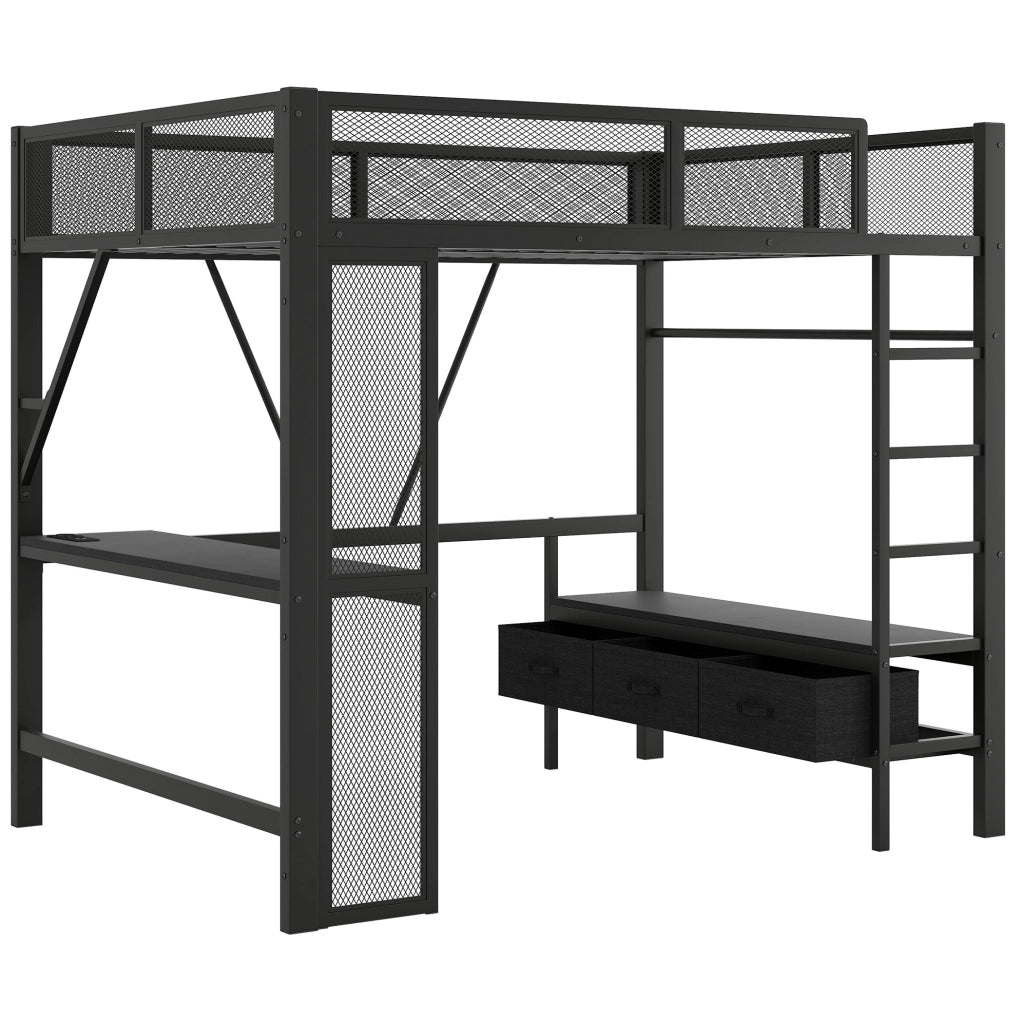 Letto a soppalco 140x200 cm con scrivania; LED e cassetti in metallo e MDF nero