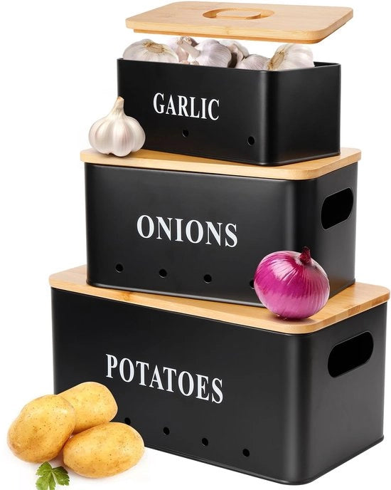 Set di 3 contenitori per verdure, contenitore per patate, contenitore per cipolle, contenitore per aglio, ripiegabile | contenitore per patate e cipolle con coperchio in bambù | ventilazione, ombra, conservazione della freschezza (nero)