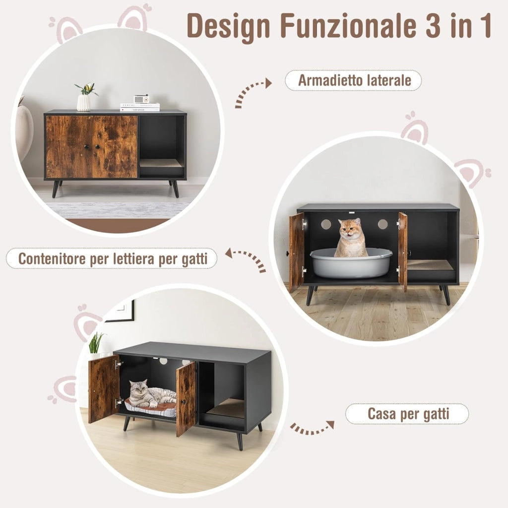 Mobile per Lettiera per Gatti, Casetta per Gatti Moderno con Scomparto a Doppia, Anta, Vano Aperto e Tiragraffi, Mobiletto Multiuso e Moderno da Interno, 90 x 50 x 54 cm