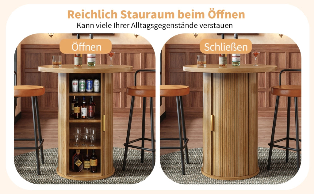 Tavolo da bar rotondo con 4 ripiani e anta scorrevole, per soggiorno e bar, in MDF e metallo, effetto legno, 60 × 60 × 91.6 cm