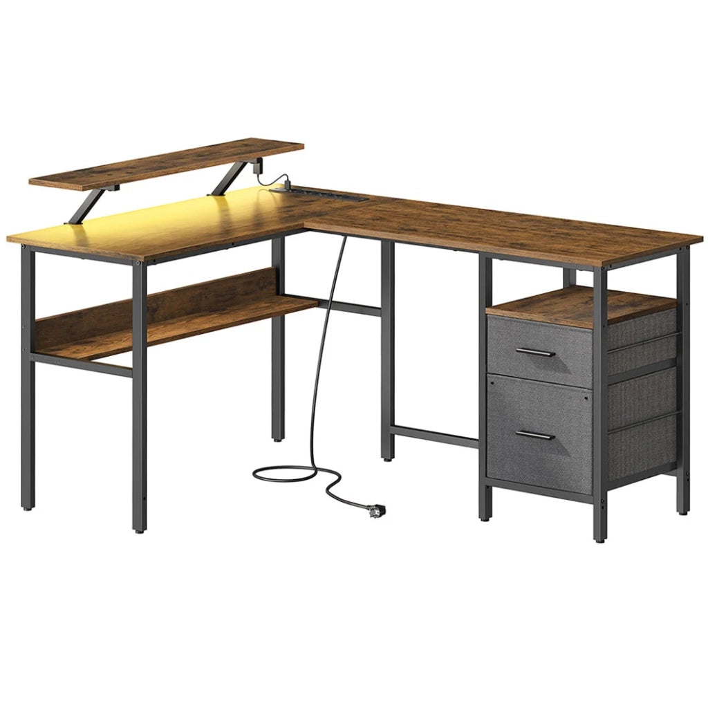 Scrivania a L con multipresa scrivania angolare scrivania per computer con supporto per monitor scrivania da gioco a LED 2 cassetti 2 porte USB facile da montare marrone 12_0004626