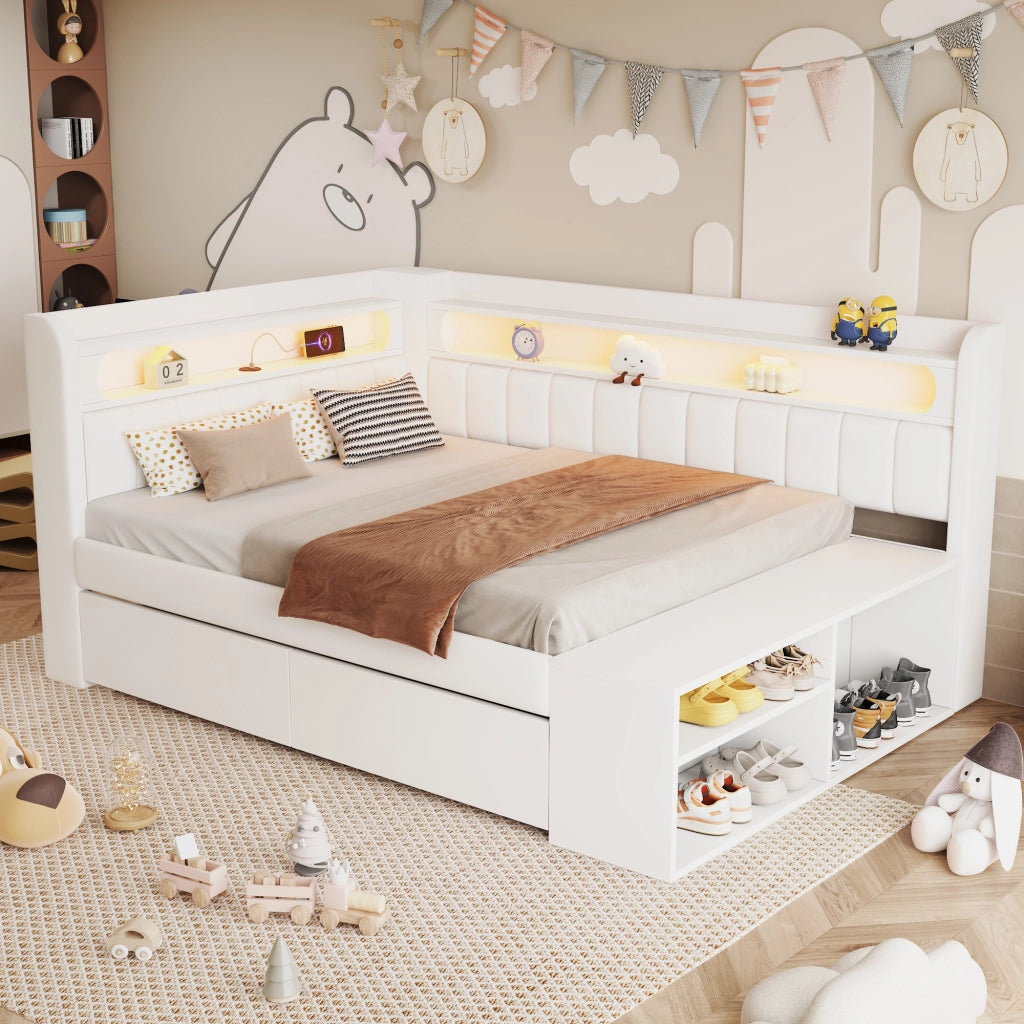 Letto Contenitore Letto Singolo 90x200 cm; USB; LED; 2 Cassetti; in MDF; Bianco