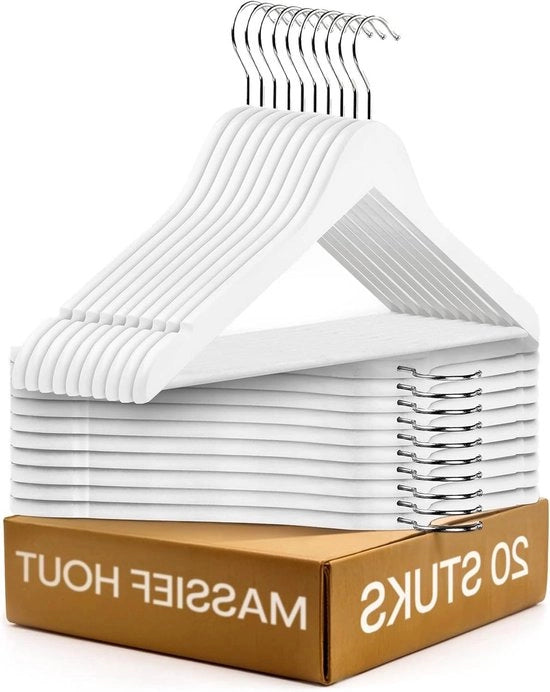 Hanger di stoccaggio Bianco - Set da 20 - Legno FSC® con gancio da pantalone - Gancio rotativo 360° - Legno massello - Antiscivolo