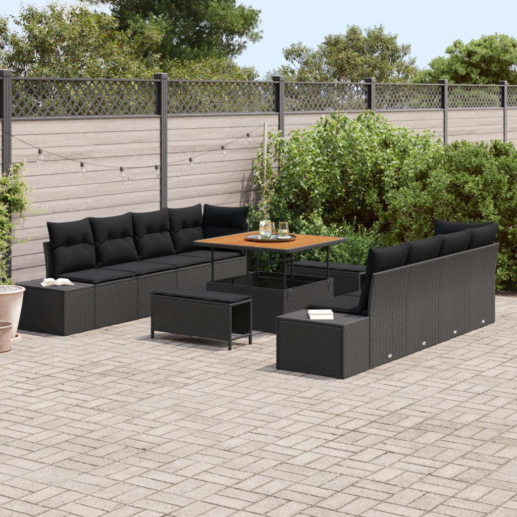 Set di SofÃ  da Giardino da 11 Pezzi con Cuscini Nero Polyrattan Acacia