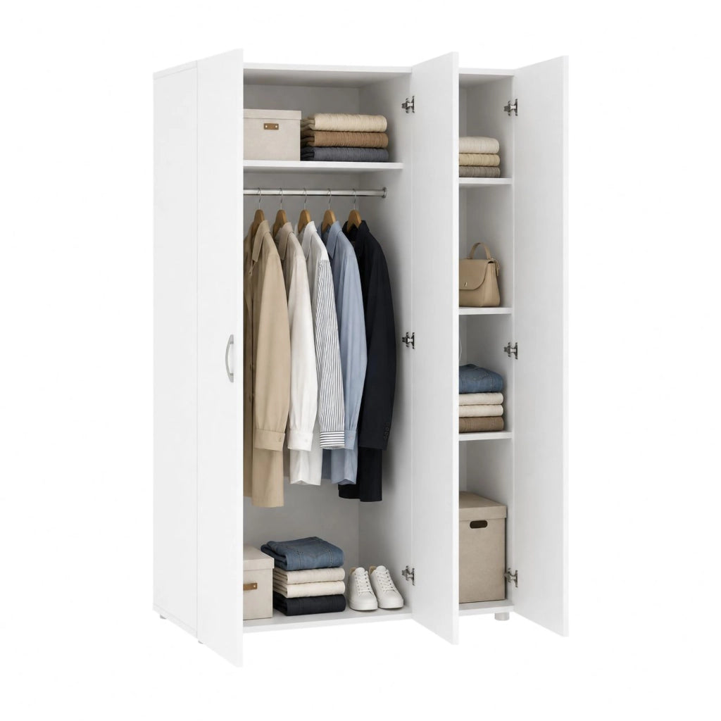 Guardaroba 3 ante Pettineo, Mobile camera da letto, Cabina armadio portabiti, Armadio appendiabiti, 111x52 h179 cm, Bianco
