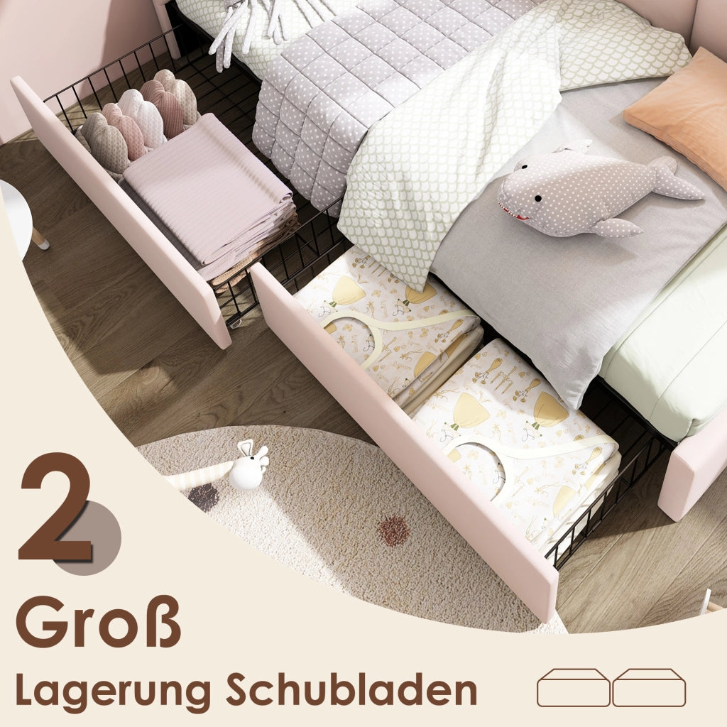 Letto singolo con cassettoni in velluto rosa 90x200 cm