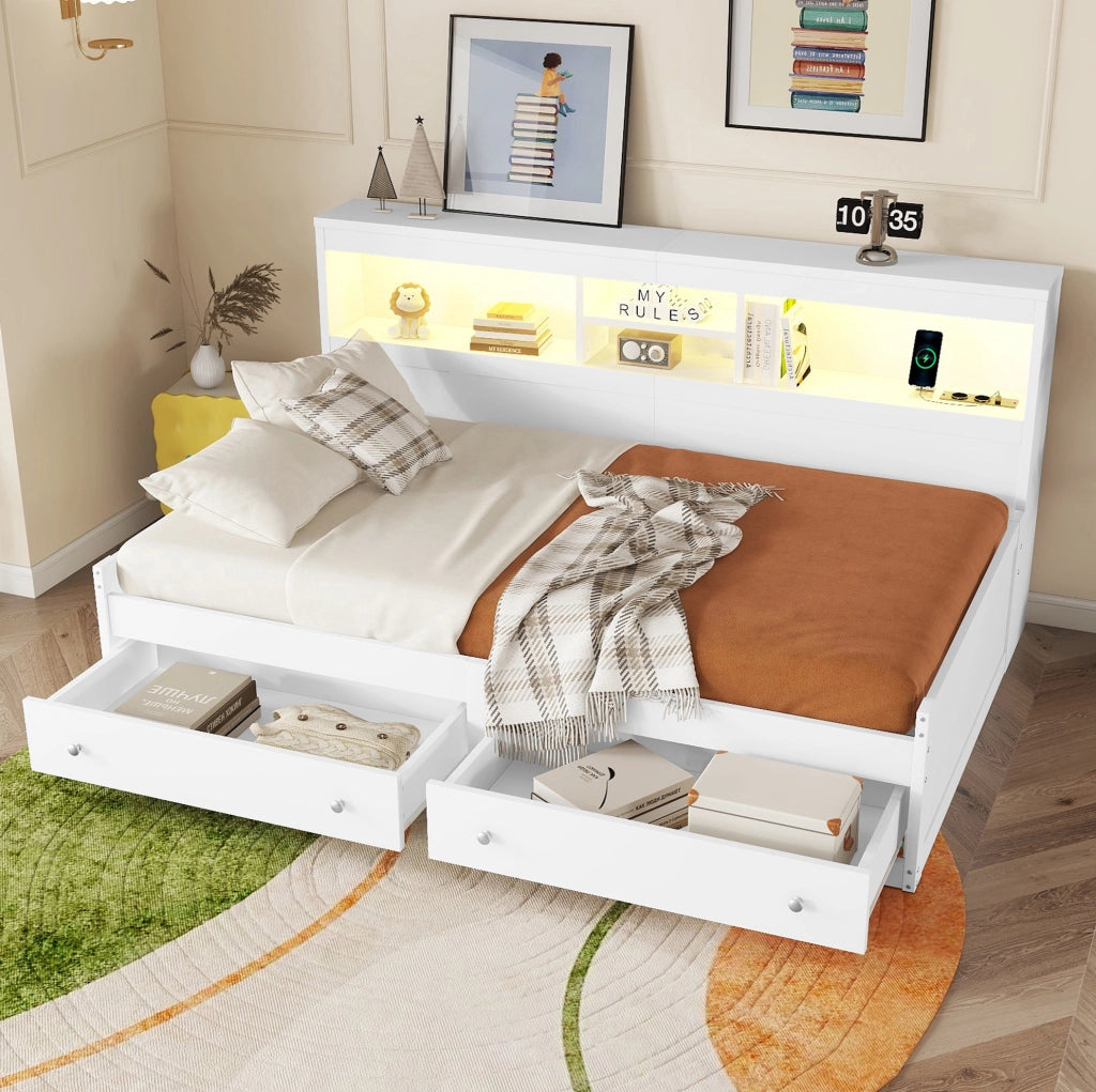 Letto da giorno 90x200 cm con LED, USB, prese e cassetti