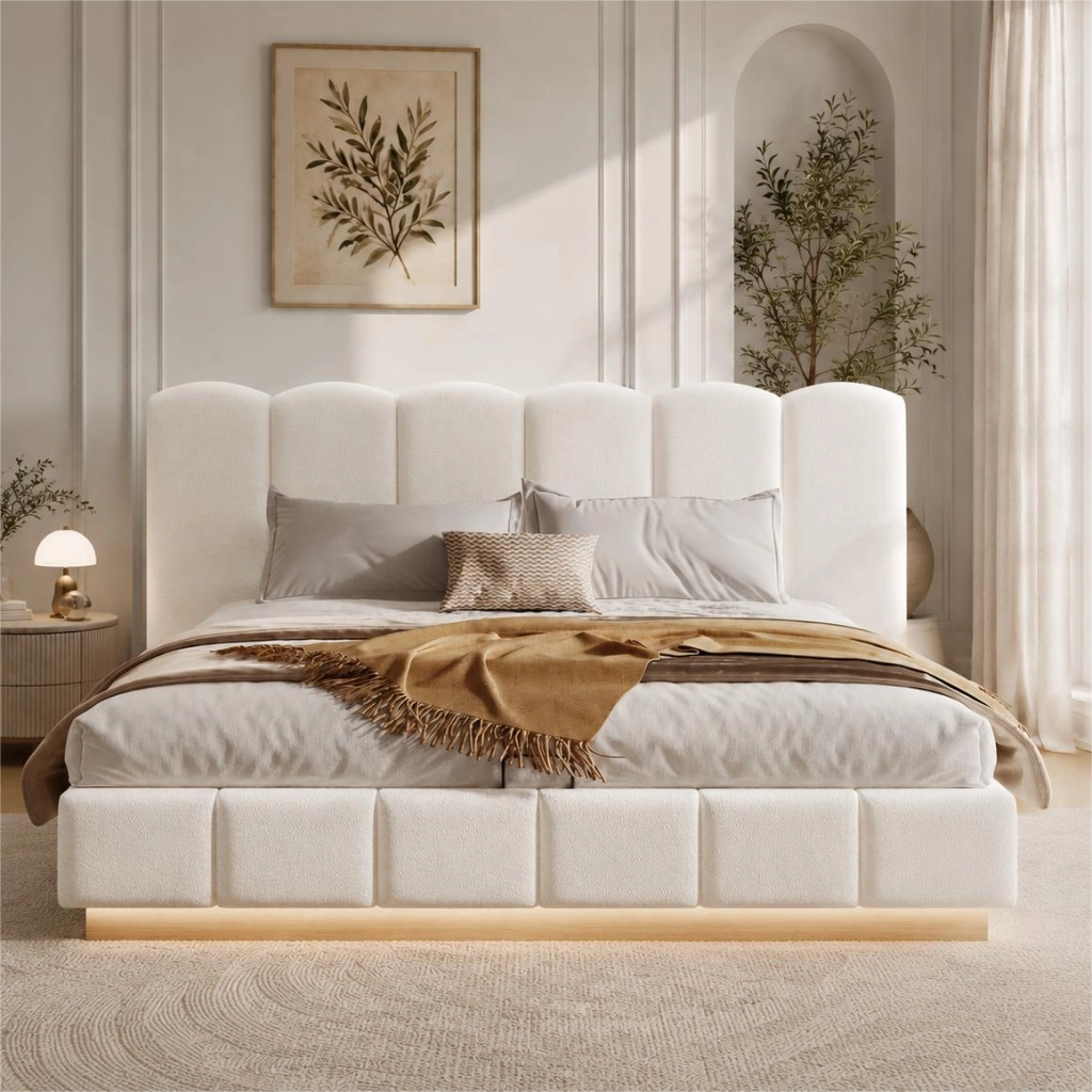Letto matrimoniale 180x200 cm con contenitore idraulico, testiera imbottita, LED e rivestimento Bouclé bianco