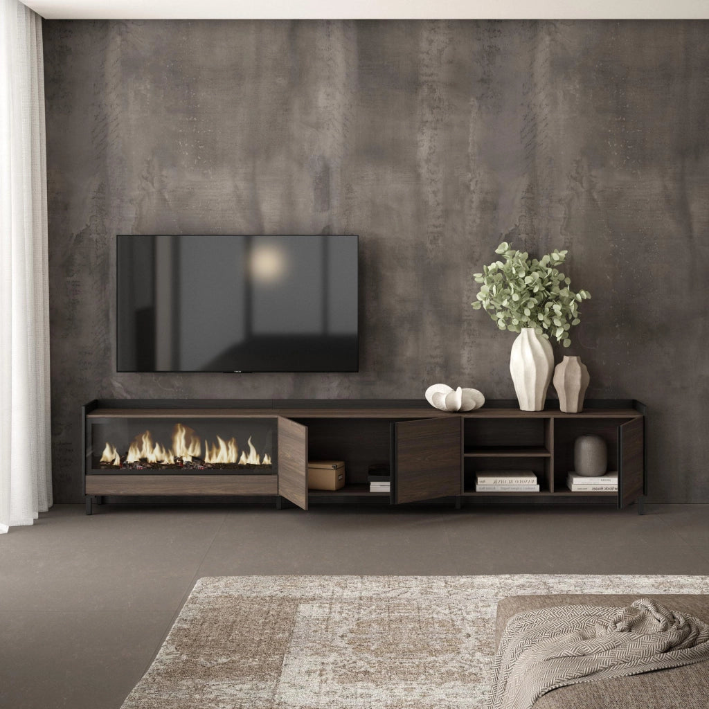 Mobile TV Soggiorno, 315x61x35 cm, Per TV fino a 80", Camino elettrico XXL, Design industriale, Rovere scuro e Nero