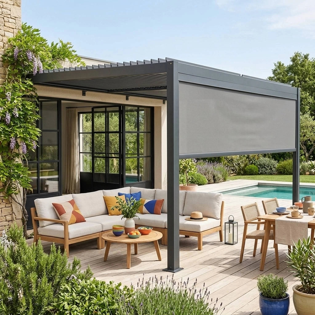 Pergola bioclimatica in alluminio addossata 4x3m + 1 tenda 4m ,