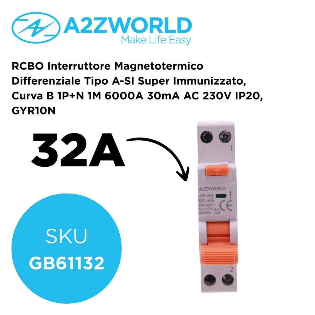 RCBO Interruttore Magnetotermico Differenziale Tipo A-SI Super Immunizzato, Curva B 1P+N 1M 6000A 30mA AC 230V IP20, GYR10N, Disponibili 6A 10A 16A 20A 25A 32A 40A (B32A)