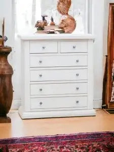 cassettiera cinquino in legno Shabby chic bianco 4 + 2 larga con ferramenta argento
