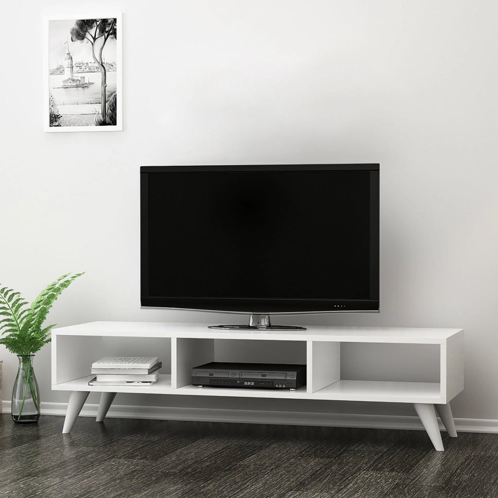 Mobile Porta TV 'Aaskov' - Larghezza 120 cm - Consolle Basso a 3 Scomparti Aperti - Bianco [en.casa]
