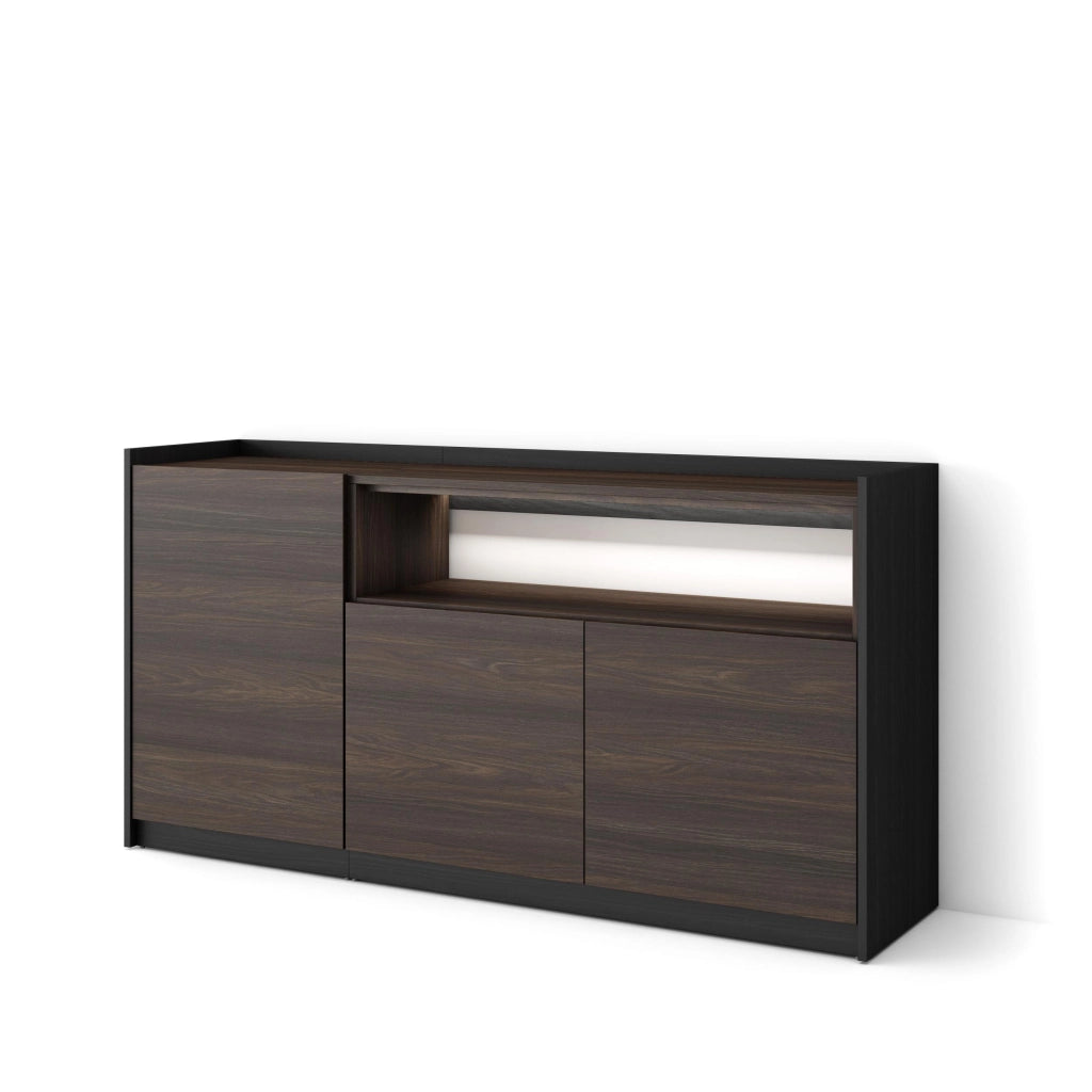 Credenza, Mobile, Cucina, 156x80x37 cm, 3 Porte, LED, Rovere scuro e Nero