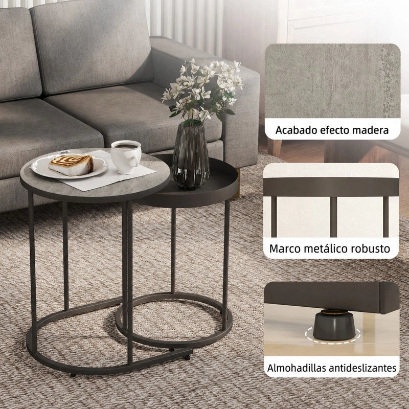 Set 2 tavolini ad incastro ?42 e ?36，5 cm in MDF e metallo grigio industriale