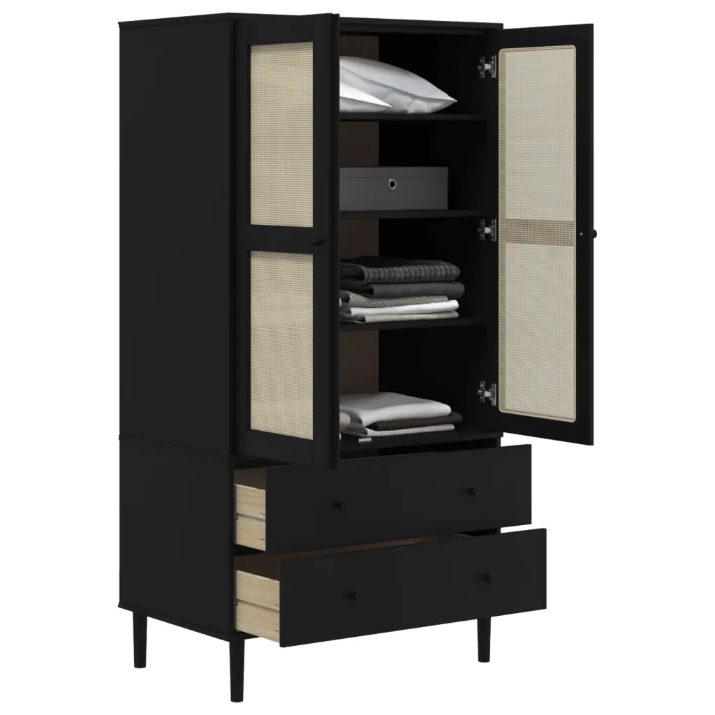Armadio SENJA Aspetto Rattan Nero 90x55x175 cm Massello Pino 358036