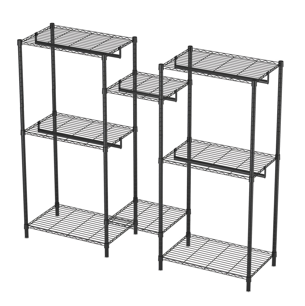 Porta abiti freestanding nero in metallo con 8 ripiani a griglia e 5 aste appendiabiti